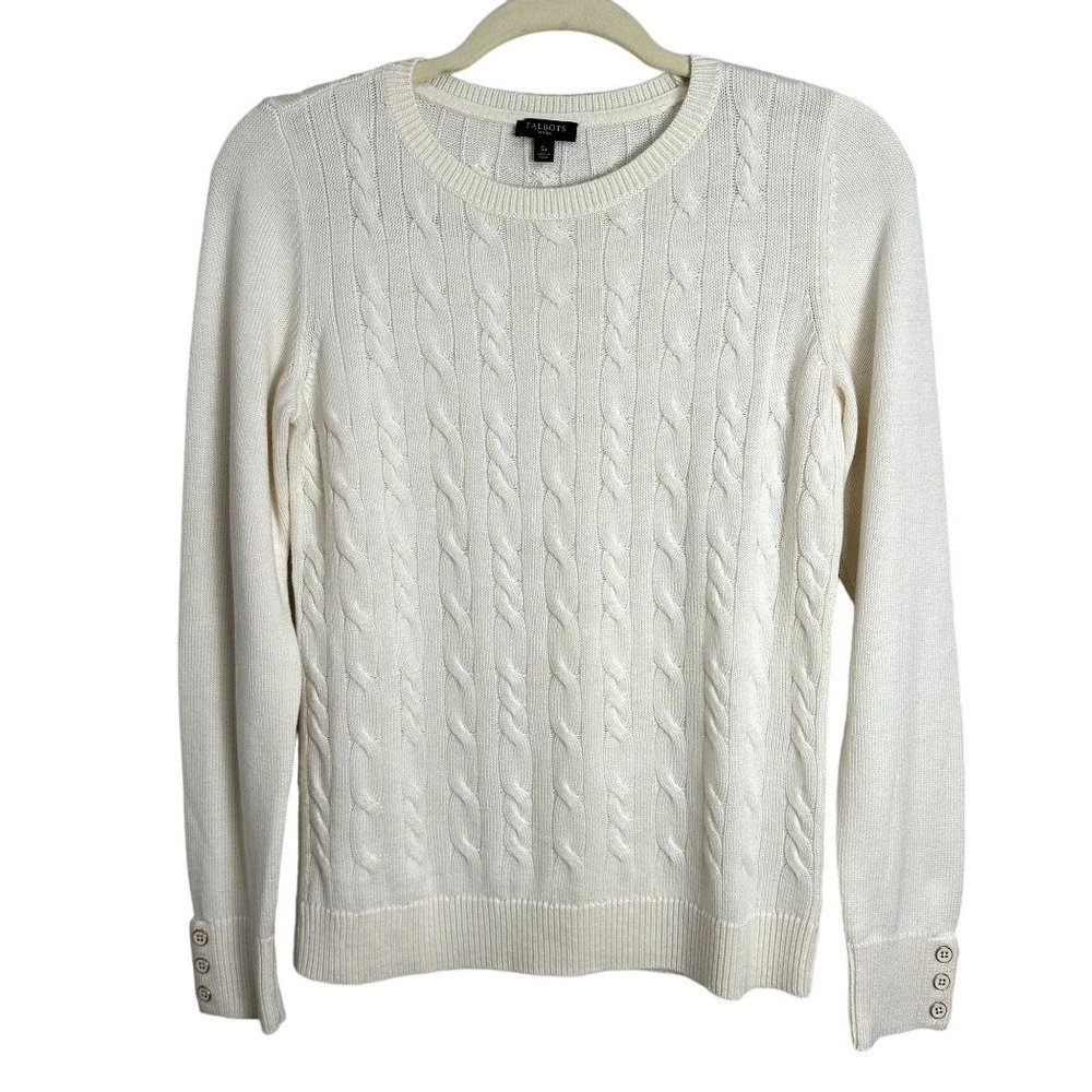 Talbots Womens Lambswool Blend Cream Cable Knit Crew Neck Sweater Size SP